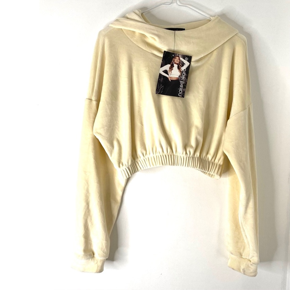 Naked Wardrobe Plush Velour Cropped Hoodie Cream NWT